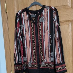 White House Black Market Black & Pink Striped Chain-Print Blouse